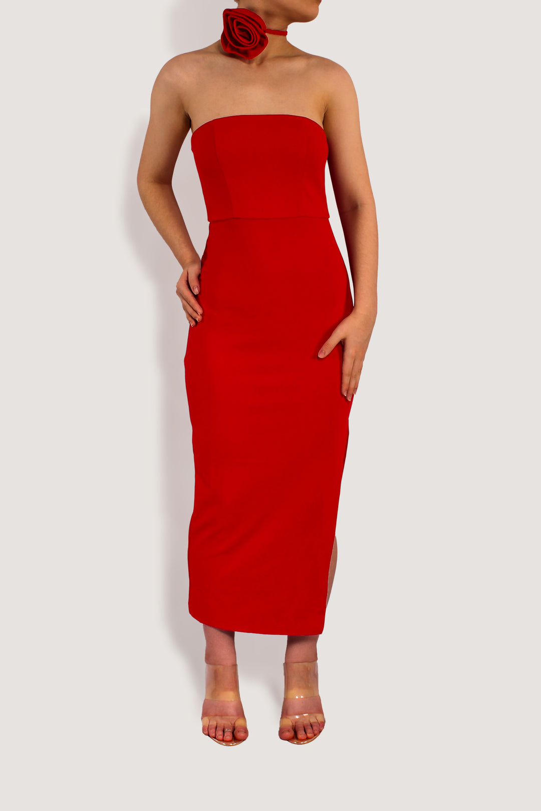 OUT FOR FUN ROSE RED MIDI DRESS