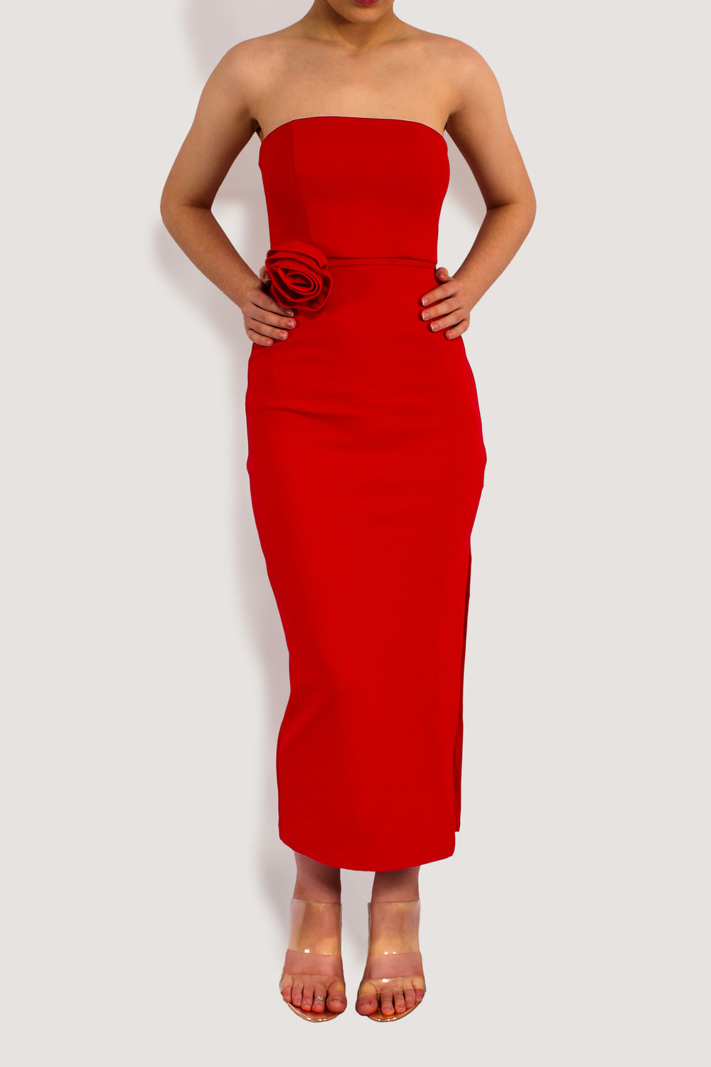 OUT FOR FUN ROSE RED MIDI DRESS