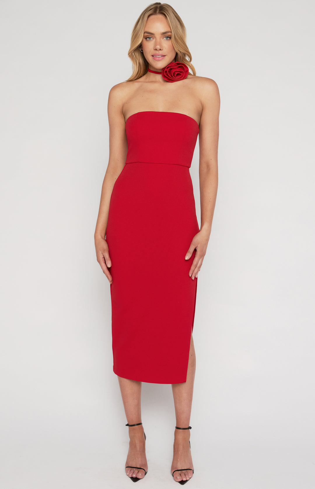 OUT FOR FUN ROSE RED MIDI DRESS